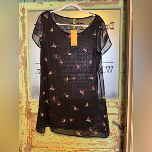 Francesca's Collections Sheer Black Tunic with Multicolor Bird Print